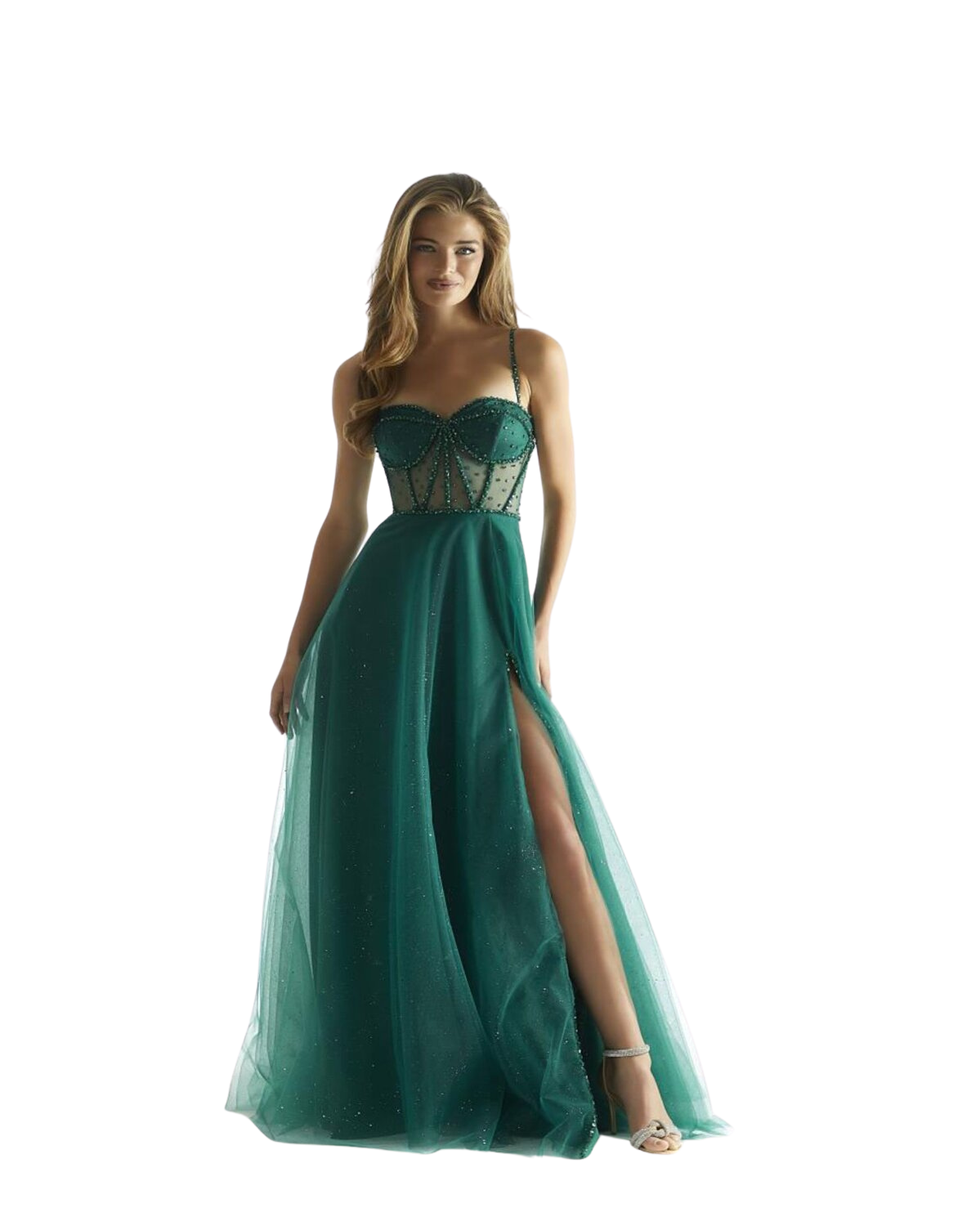 Long, loose-fitting tulle formal dress with boning bodice